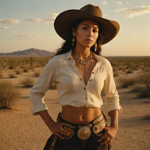 Dramatic photo of a beautiful taino woman, classic cowboy attire, confident and free spirit expression, half-length portrait, centered, golden hour desert landscape, warm, diffused light, low angle, medium format film camera, in style of Annie Leibovitz.
