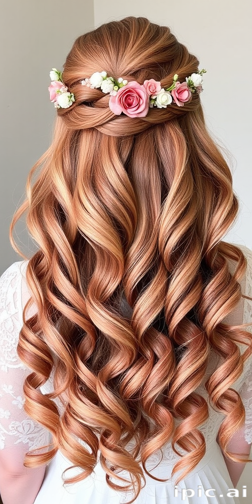 Romantic rose gold ringlets called "Blush Blossom" cascade elegantly down the back, interwoven with delicate floral accessories and subtle champagne-colored lowlights