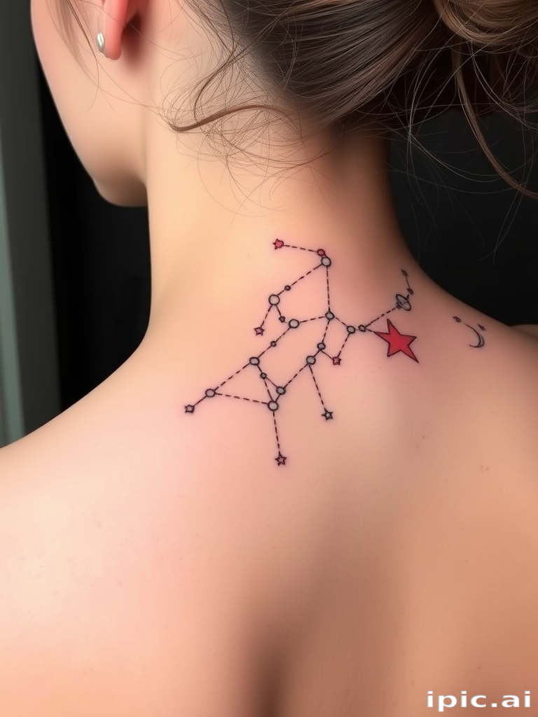 Minimalist fine line constellation tattoo connecting delicate stars and celestial bodies, forming a personalized zodiac map across the spine, with subtle touches of white ink for added dimension