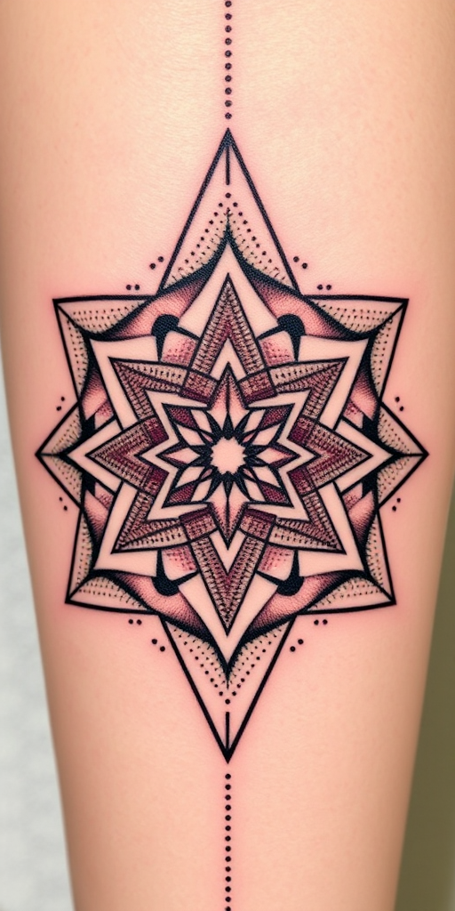 Geometric stipple tattoo, "Quantum Tessellation," combining precise dot work with clean geometric shapes to create a three-dimensional illusion, incorporating sacred geometry patterns and gradients formed by varying dot density