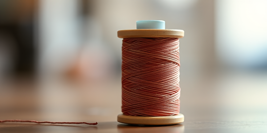 Create a high-resolution image of a sewing thread spool, looking slightly angled from the side with a blurred background for depth, using a Canon EOS R5 with a 50mm f/1.2 lens, aperture set to f/2.8, ISO 100, and a shutter speed of 1/200s.