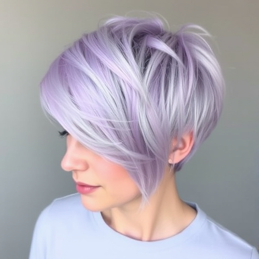 Pastel lavender pixie cut with wispy bangs and platinum blonde highlights, called "Moonlight Whisper" style, featuring textured layers and a soft, ethereal appearance