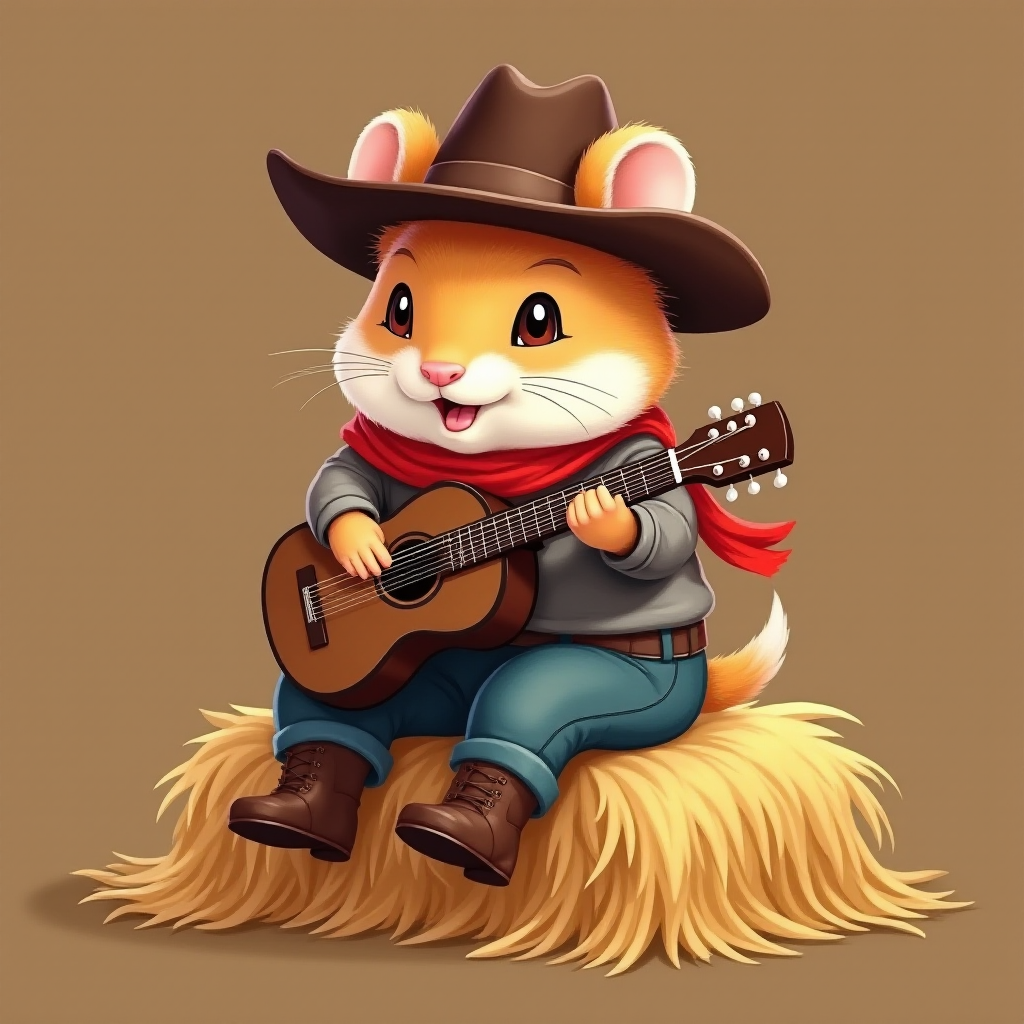 A chibi hamster, dressed as a cowboy, playing guitar, sitting on a hay bale