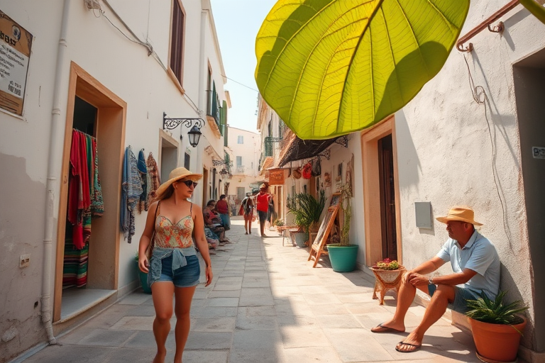 Capture a vibrant street scene in a sunlit Mediterranean village, featuring a woman in casual summer attire walking past a man sitting under a large leaf, showcasing whitewashed walls and colorful textiles, use a Canon EOS R5 with a 24-70mm f/2.8 lens, aperture at f/4, ISO 200, shutter speed 1/200 sec, in a wide-angle view for depth and clarity.