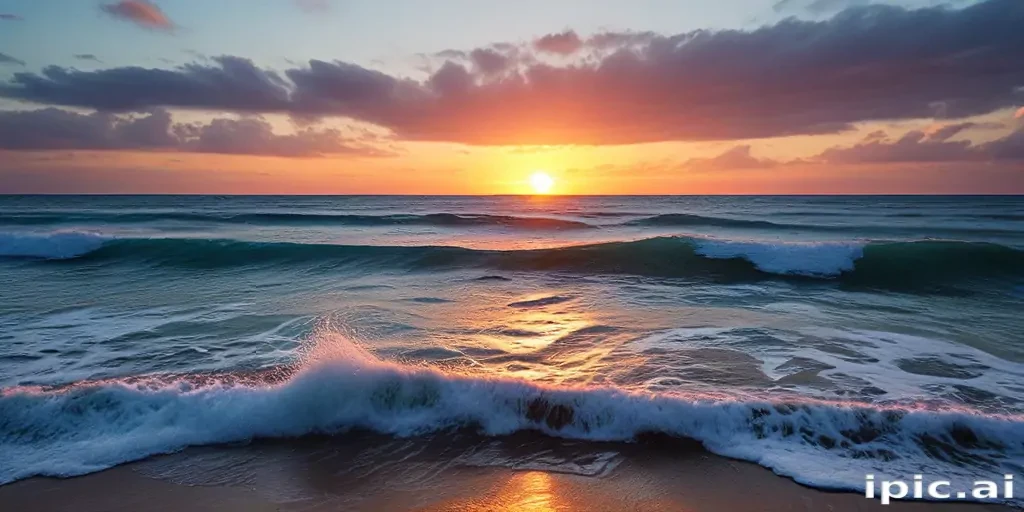 Serene Sunset Over Tranquil Ocean Waves with Colorful Sky Reflections