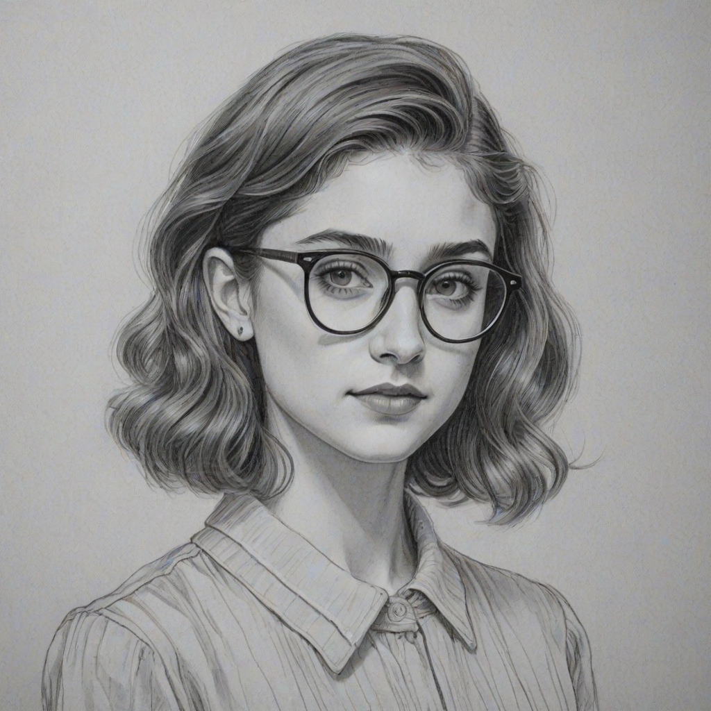 Fetching Natalia Dyer, pencil sketch, portrait of Elegant woman 1941s in glasses, hair style beatnik, outline, clear lines, fine lines, 8k