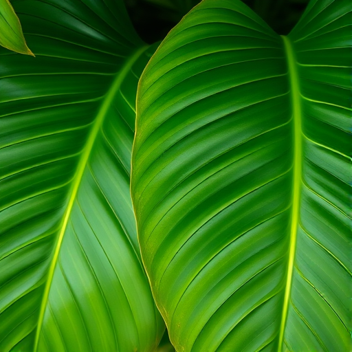 Regenerate an image of two green tropical leaves, shot with a Canon EOS R5, 50mm lens, aperture f/2.8, ISO 100, natural lighting, top-down view, high detail, vibrant colors, shallow depth of field.