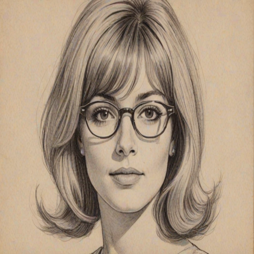 Splendid Crystal Bernard, pencil sketch, portrait of Delightful woman 1965s in glasses, hair style beatnik, outline, clear lines, fine lines, 8k