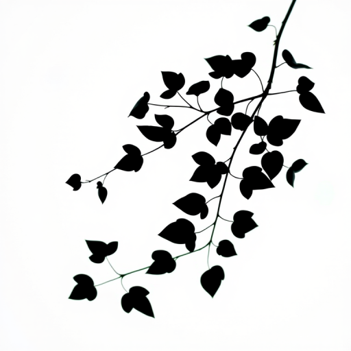 create a high-quality black silhouette of a delicate vine with leaves on a plain white background using a DSLR camera with a 50mm lens, f/1.8 aperture, ISO 100, shot in natural light, top-down view with a soft focus effect