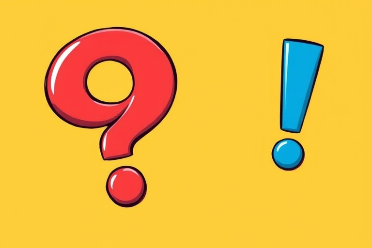 Create an illustration of a colorful question mark and exclamation point character side by side, with a bright yellow background, using a DSLR camera at f/4, ISO 100, 50mm lens, positioned at eye level for a cartoon style effect.