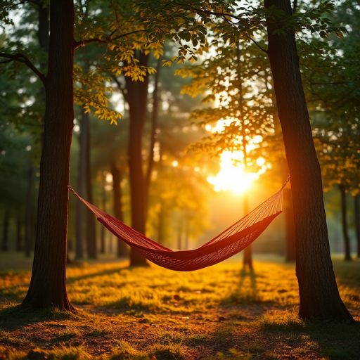 Soft-focus image of a hammock swaying between two trees in a quiet forest at sunset, with soft golden light filtering through the leaves and casting long shadows on the ground.