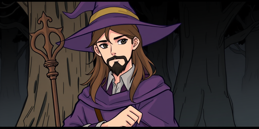 safe, sketch, 1boy, solo, male focus, mature male, wizard, long hair, brown hair, black eyes, looking at viewer, hat, facial hair, beard, mustache, staff, wizard hat, purple hat, shirt, collared shirt, robe, purple robe, cloak, holding, holding staff, upper body, standing, outdoors, forest, nature, tree, fog, dark background