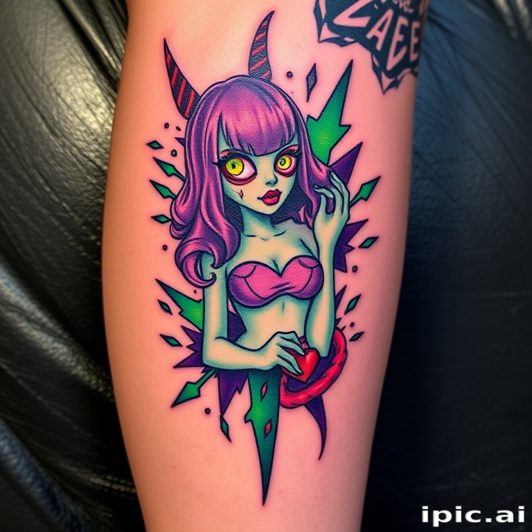 Vibrant new school tattoo on the shin, featuring a cartoonish zombie pinup girl surrounded by bold, exaggerated elements in electric green and purple