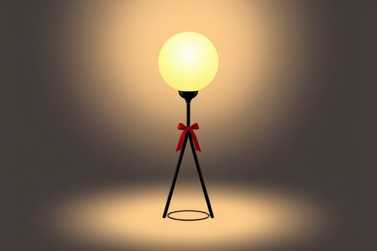 Create a minimalist digital illustration of a decorative lamp with a round, glowing top, showcasing a sleek black stand with a red ribbon knot, using a 50mm lens, f/2.8 aperture, ISO 100, and soft lighting for enhancement.
