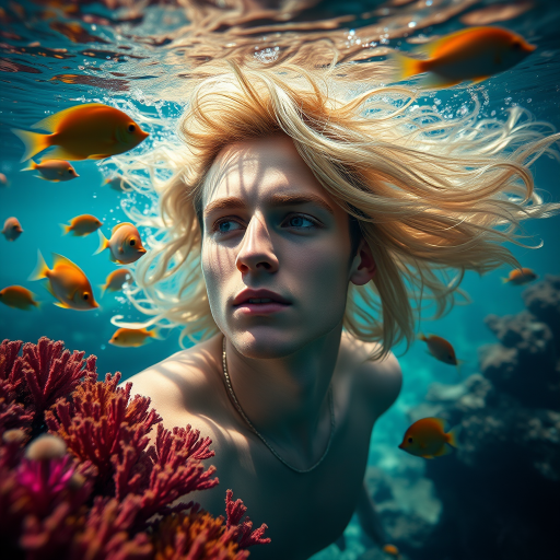Create an ethereal underwater scene featuring a young man with flowing blonde hair surrounded by colorful fish and vibrant coral; use a Canon EOS R5 camera with an 85mm lens, aperture set to f/1.2, ISO 100, and a shutter speed of 1/200s, with natural light and cinematic style for enhanced image quality.