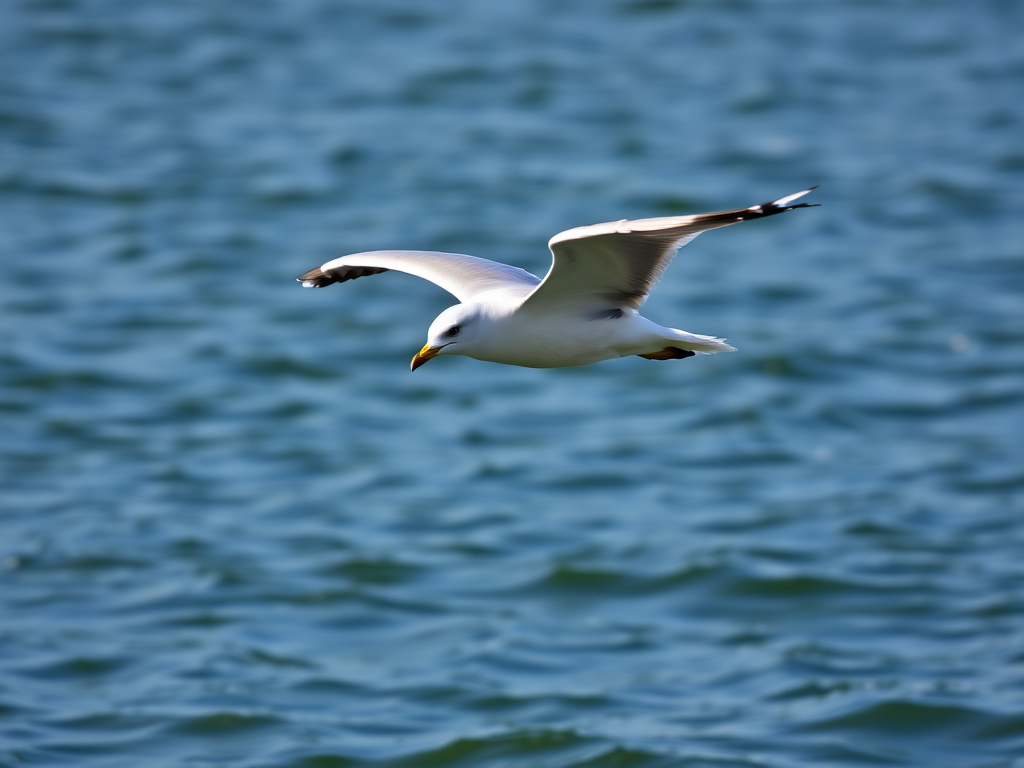 Capture a close-up shot of a seagull in flight above calm water, with shallow depth of field, f/4 aperture, ISO 200, 1/1000s shutter speed, using a DSLR camera with a 70-200mm lens, side view, natural lighting.