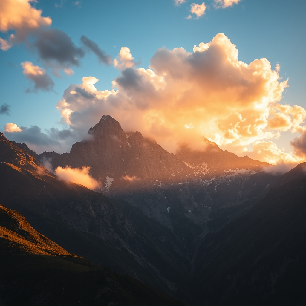 Mountain landscape during golden hour with dramatic clouds, shot with a Canon EOS R5, 50mm lens, aperture f/2.8, ISO 100, shutter speed 1/200 sec, capturing vibrant colors and fine details in sunlight.
