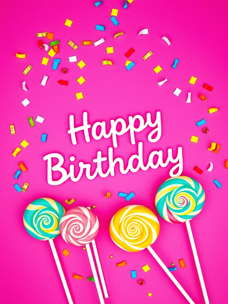 Create a vibrant birthday card design featuring brightly colored lollipops and scattered confetti on a bold pink background, camera settings: ISO 100, aperture f/2.8, shutter speed 1/60, with a top-down view using a DSLR camera in flat lay style for high clarity and color accuracy.