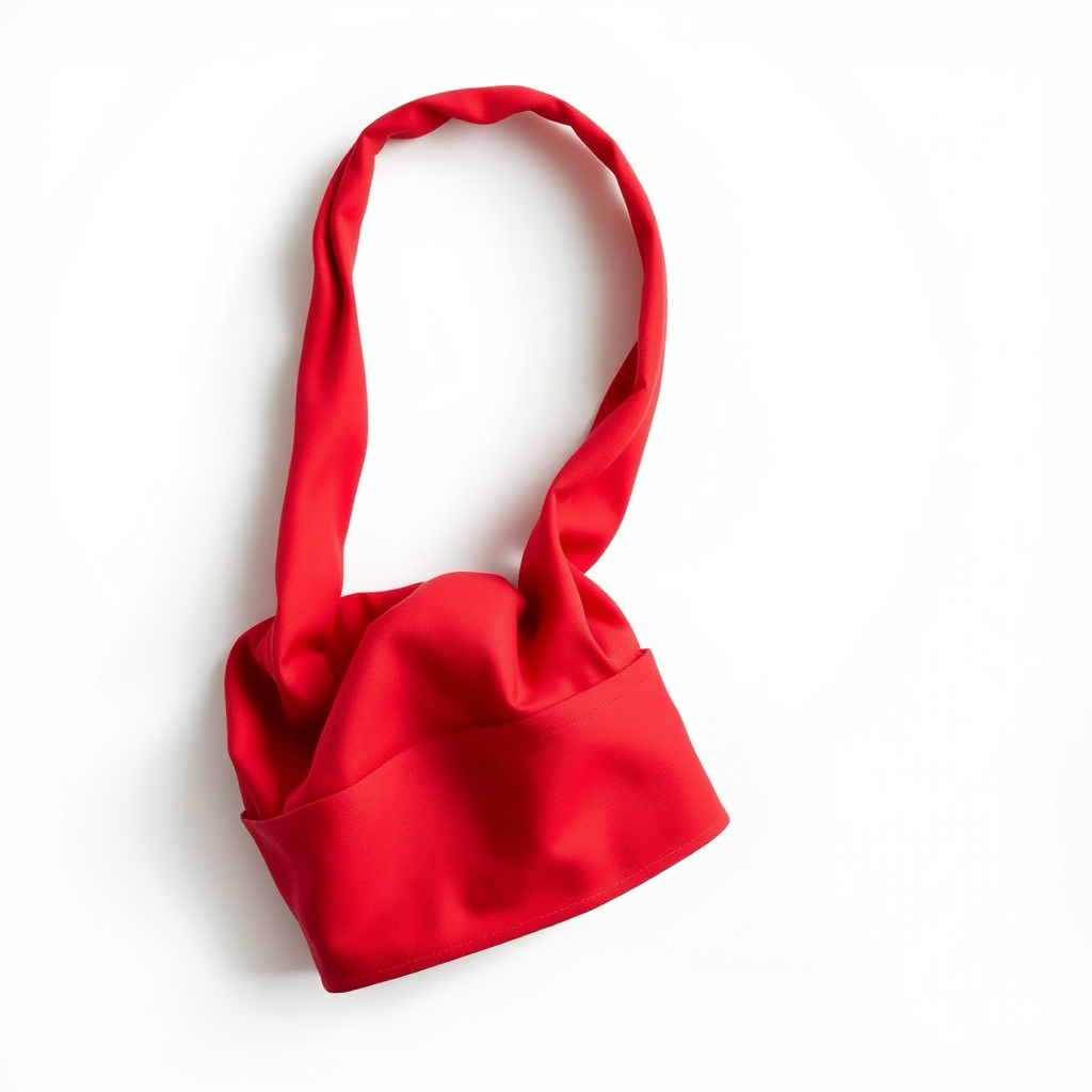 Create a high-resolution image of a red chef's hat on a white background, using a Canon EOS R5 camera with a 50mm lens, aperture set to f/2.8, ISO 100, shot in natural light from above for even illumination and soft shadows.