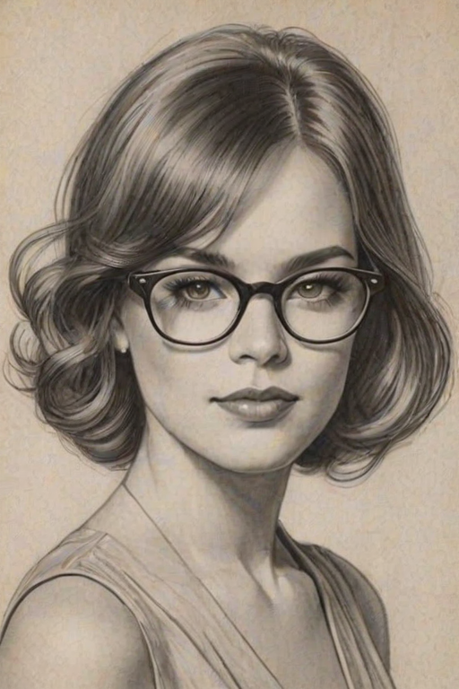 Exquisite Kimberly Caldwell, pencil sketch, portrait of Elegant woman 1925s in glasses, hair style beatnik, outline, clear lines, fine lines, 8k
