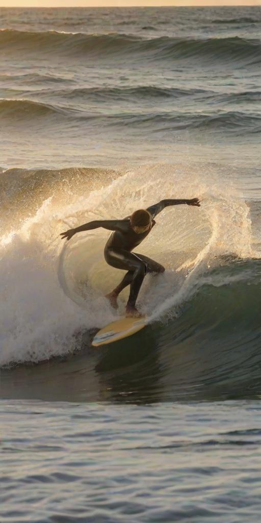 Blurry action shot of a surfer catching a wave at sunrise, water splashing up around them, the golden light of the early morning reflecting off the ocean, distant seagulls flying overhead, intense concentration on the surfer's face.