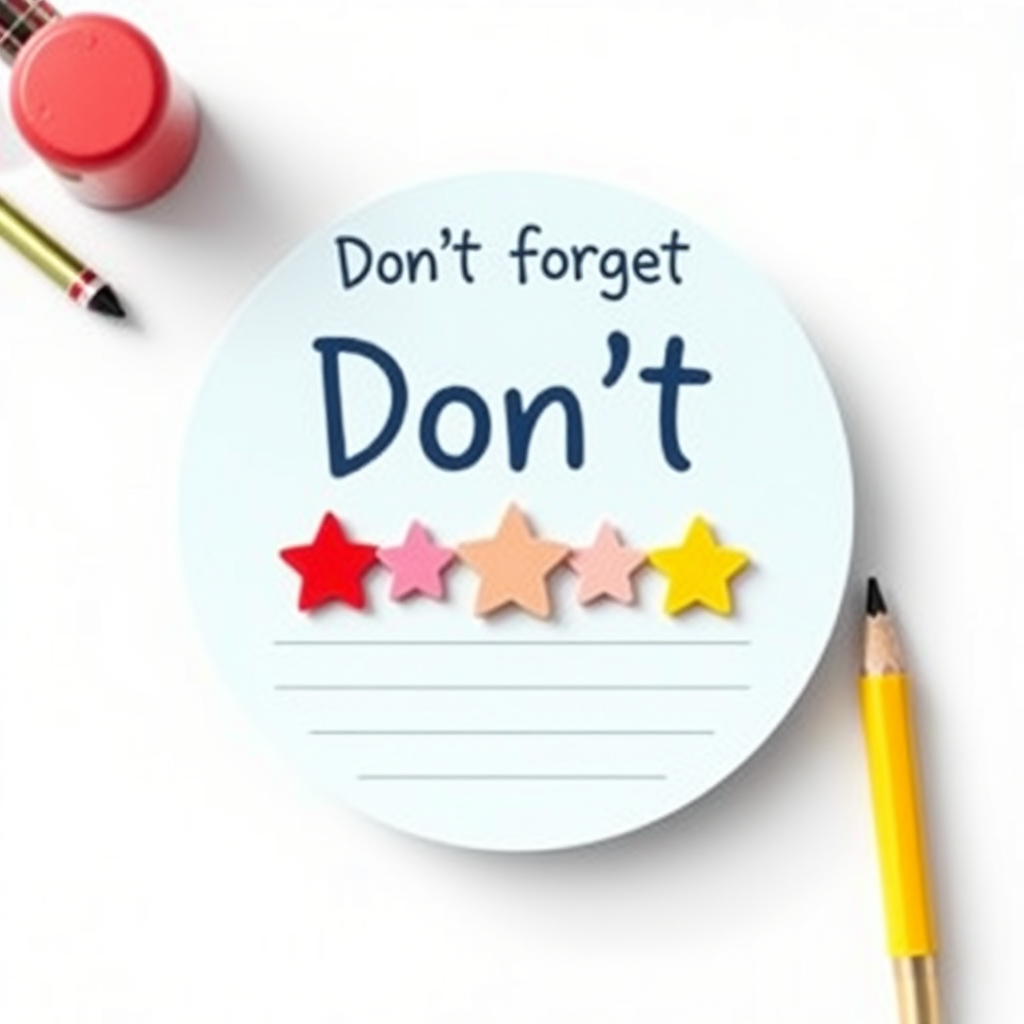 Create a minimalist notepad design with a light blue circular outline and the text "Don't forget" in a playful font at the top, include five colorful stars (red, pink, yellow) aligned vertically below, with blank lines for notes, shot with a wide-angle lens on a DSLR camera at f/2.8, ISO 100, 1/125s, soft natural lighting for a clean and vibrant look.