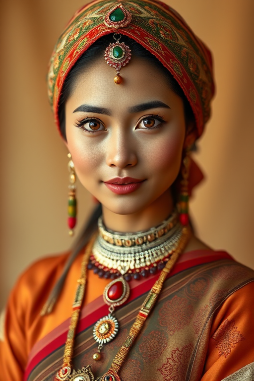 Create a portrait of a beautiful Thai woman with striking orange eyes and a gentle expression. She is adorned in traditional attire with intricate patterns, including a richly embroidered headscarf and matching garments. Her jewelry includes a delicate headpiece, dangling earrings, and ornate bracelets, all featuring vibrant gemstones and detailed metalwork. The background is soft and warm, enhancing the rich colors of her outfit and jewelry.