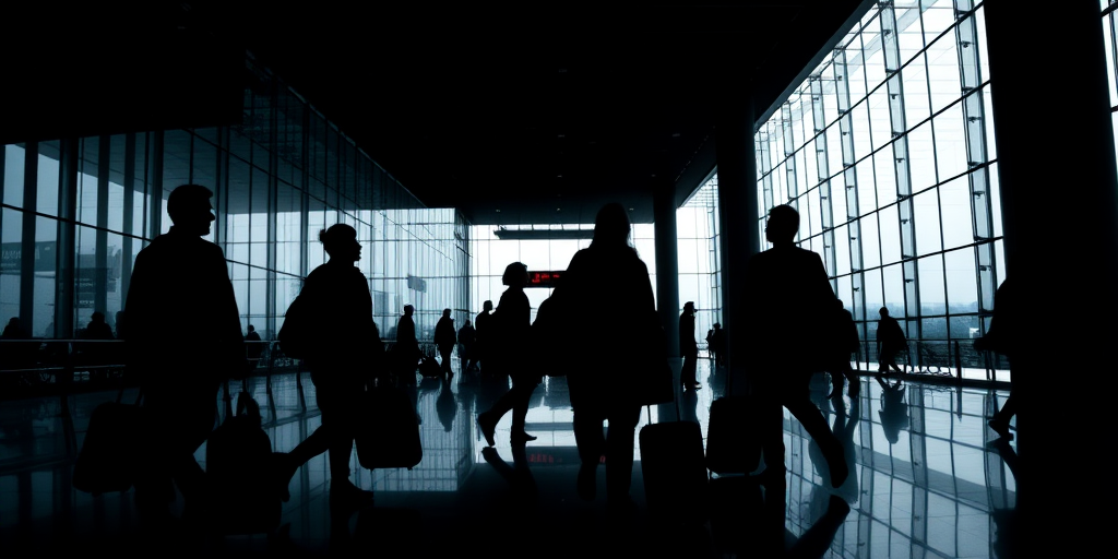 silhouetted passengers in an airport terminal with glass architecture, high contrast, moody lighting, sharp focus, f/2.8, ISO 200, 1/60s, wide-angle lens, captured with a full-frame DSLR camera, natural light, minimalistic composition