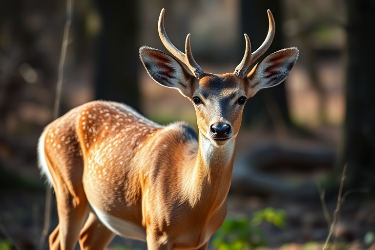 a close-up shot of a standing deer in a natural setting, captured with a Canon EOS 5D Mark IV, 50mm lens, aperture f/2.8, ISO 100, 1/250 sec, natural lighting, high resolution, sharp focus on the deer with a blurred background for depth.
