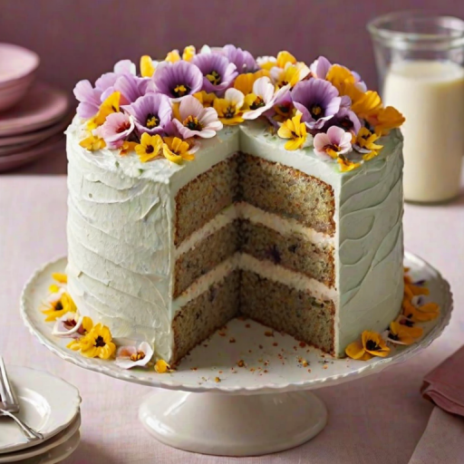 Create a light and fluffy layered cake with a creamy frosting. The cake should have a poppy seed flavor and be adorned with delicate edible flowers on top. Show a slice removed to reveal the soft texture of the layers inside.