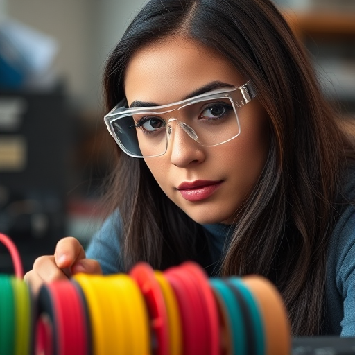 Capture a focused portrait of a woman with long dark hair, wearing safety goggles and working intently at a soldering station, with colorful spools of wire in the foreground, shot with a Canon EOS R5 at f/2.8, 1/125s, ISO 400, using a 50mm lens, in natural light for a soft bokeh effect.
