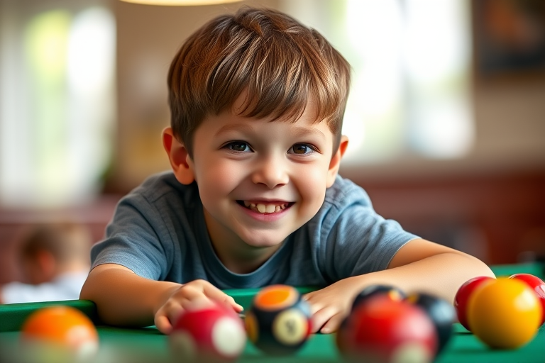 A young boy smiling while playing billiards, shot with a Canon EOS R, 50mm f/1.8 lens, aperture f/2.8, ISO 100, 1/125 sec shutter speed, natural lighting, shallow depth of field, focus on the boy with colorful balls in the background.