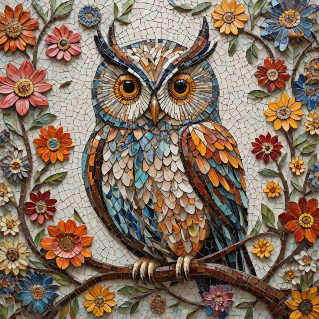 A mosaic of floral owls, one owl intricately composed of individual flower blossoms. The design showcases a delicate balance of nature and form, where the feathers of the owls are replaced by vibrant petals and blooms. The overall appearance is whimsical yet detailed, with each floral element contributing to the intricate patterns of the owl’s body. The artwork embraces a raw, organic style, with natural hues and soft textures, creating a harmonious blend of flora and fauna. The mosaic arrangement adds depth and visual intrigue to the piece, evoking a sense of wonder and artistic beauty.