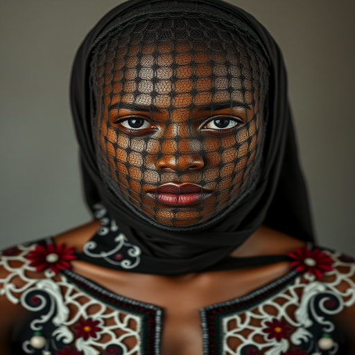 Face, shoulders, chest covered in openwork Druze embroidery. Raw, unedited image.