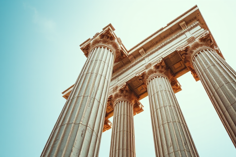 Create a high-resolution image of two classical Greek columns with intricate details, using a DSLR camera at f/8 aperture, ISO 100, 50mm lens, captured from a low angle view to emphasize the height and grandeur, with a soft focus background to enhance the columns' features.