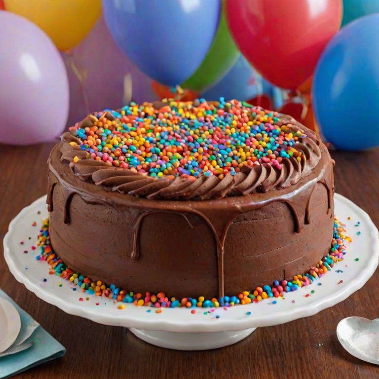 Generate an image of a round chocolate cake with a smooth chocolate frosting. The top of the cake should have a heart shape made of colorful sprinkles, and the sides should be decorated with a border of sprinkles. Include balloons in the background to create a festive atmosphere.