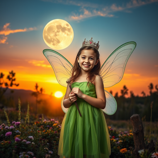 A vivid photo  taken under a bright camera flash of a fantastical scene set against a backdrop of a forest during sunset. The main subject is a girl dressed as a fairy, adorned with translucent wings and a green dress, holding a wand, her face is happy, and she wears a crown on her head. The forest behind her is a blend of flowers, shrubs and trees. The sky is painted in hues of orange and pink, with a large, glowing moon casting a warm glow over the scene. The overall color palette is dominated by earthy tones.