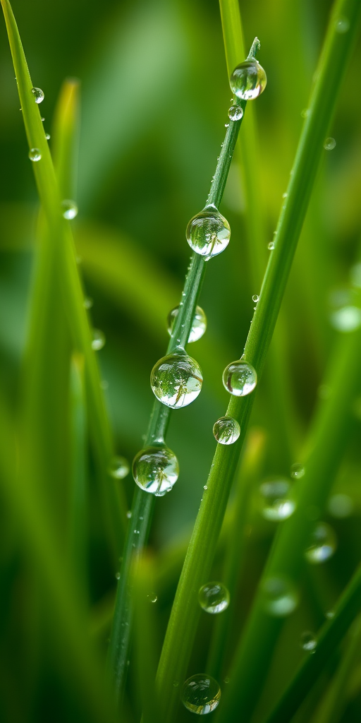 macro shot of dewdrops on green grass blades, f/1.8 aperture, 1/250 sec shutter speed, ISO 100, natural light, shallow depth of field, DSLR camera, soft focus background