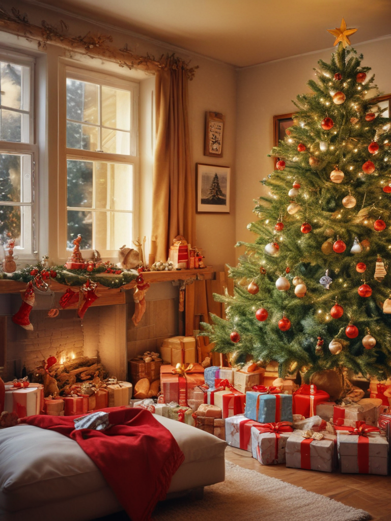 Cozy Holiday Living Room with Christmas Tree and Wrapped Presents Galore
