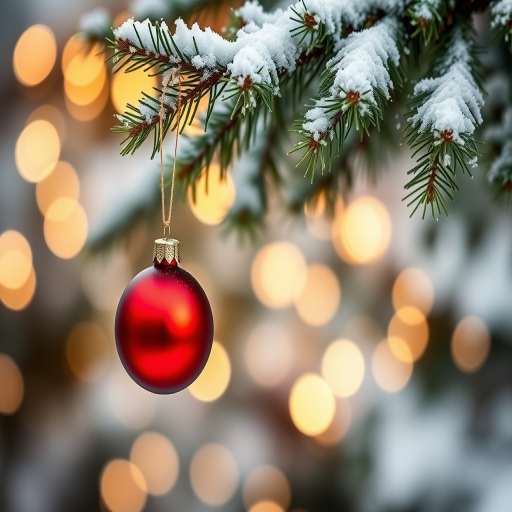 Create an image of a snow-covered evergreen tree branch with a single red ornament hanging from it. The background should feature soft, warm bokeh lights to evoke a festive atmosphere. Make sure the focus is on the ornament and the delicate snow on the branches.