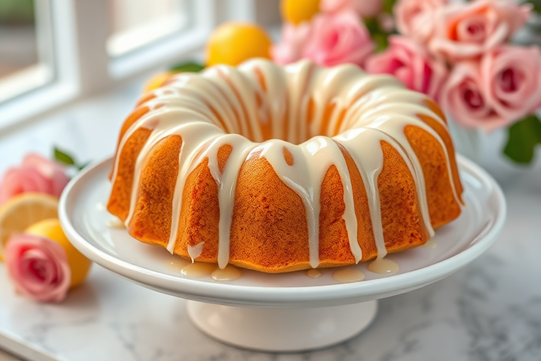 A beautifully glazed lemon bundt cake on a white serving plate with a glossy icing drizzle and a background of fresh lemons and pink roses in soft focus, natural lighting highlighting the cake's texture and shine.
