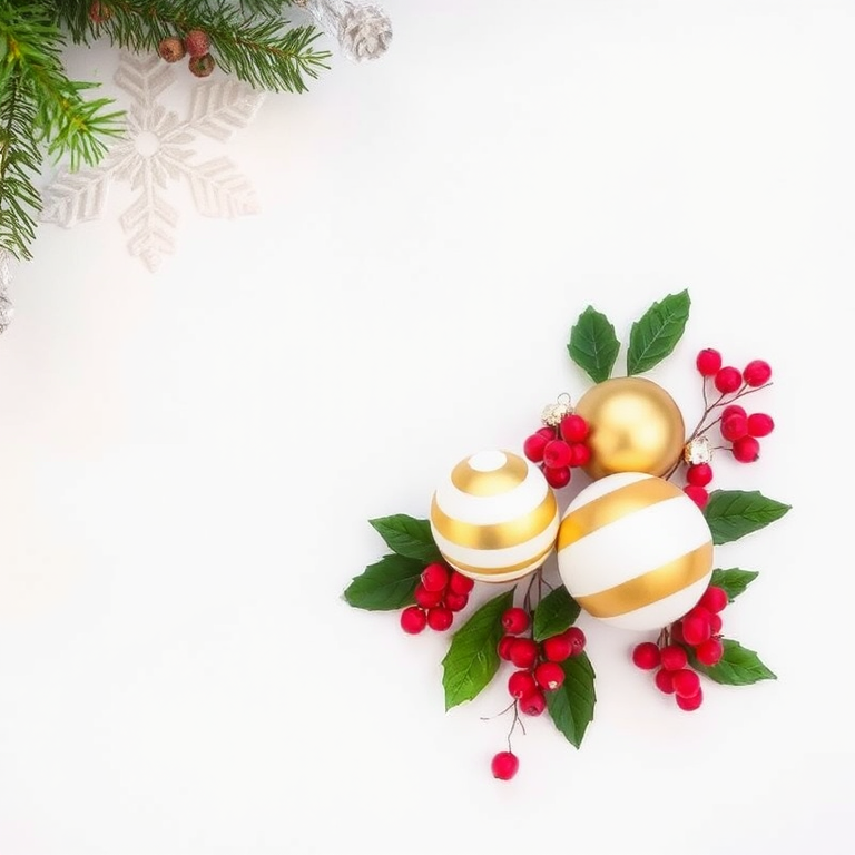 Create a festive holiday scene featuring a white background with decorative elements such as a snowflake pattern in the top left corner and an arrangement of gold and white striped Christmas ornaments along with red berries and green leaves scattered around the ornaments.