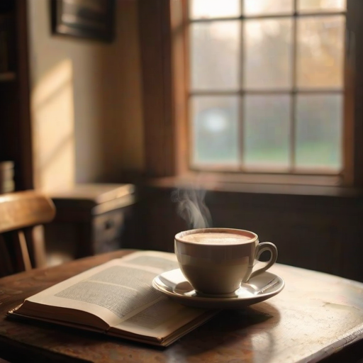 Soft-focus image of an inviting cafecorner, with an antique table, a steaming cup of coffee, and an open book resting on the surface, soft light creating a cozy atmosphere.