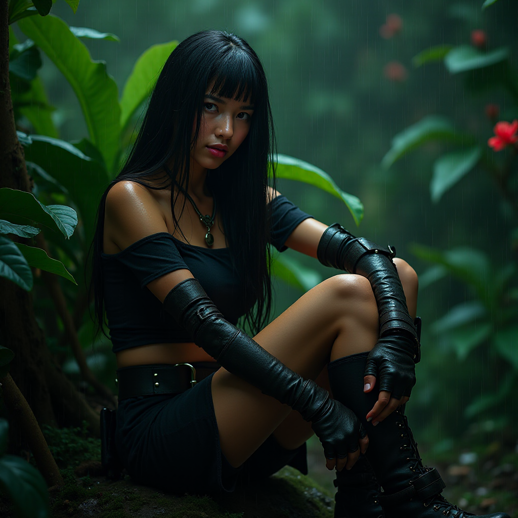 A highly detailed photograph of a woman with long black hair, sitting in the rain beneath lush green foliage. She wears a black off-the-shoulder top, fingerless gloves, and combat boots, giving her a rugged, militaristic look. Her left arm is bandaged, hinting at a recent struggle. The jungle background is vibrant, with large green leaves and red flowers contrasting against the rainy, dark sky. Fine rain droplets add realism and atmosphere to the scene.