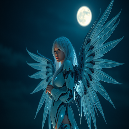 Create a high-resolution image of a futuristic angelic figure with silver hair and mechanical wings, standing against a night sky with a full moon, using a Canon EOS R5 camera, 50mm lens, f/1.8 aperture, ISO 100, 1/200s shutter speed, with soft lighting and a slight bokeh effect for a dreamy atmosphere.