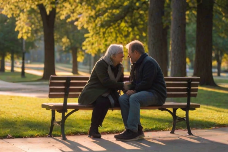 Blurry, candid shot of a couple sharing a quiet moment on a park bench, soft light from the setting sun casting long shadows, distant trees swaying gently in the breeze, and a feeling of peaceful connection.