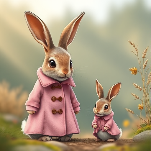 Create a high-resolution illustration of a large rabbit wearing a pink coat and a smaller rabbit in a matching outfit, set in a tranquil natural environment, captured with a DSLR camera at f/2.8 aperture, 50mm lens, ISO 200, in soft natural lighting and a shallow depth of field for enhanced detail and focus on the characters.