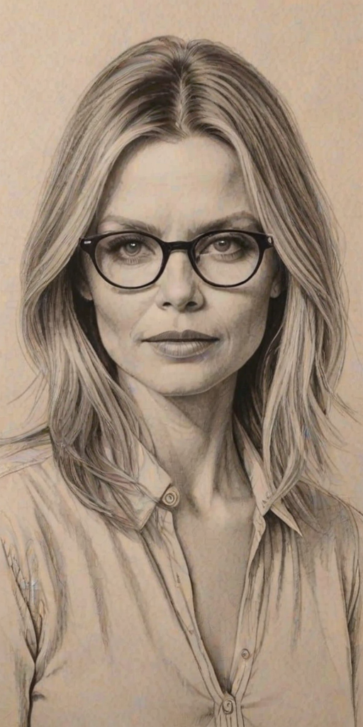 Wonderful Michelle Pfeiffer, pencil sketch, portrait of Wonderful woman 1921s in glasses, hair style beatnik, outline, clear lines, fine lines, 8k