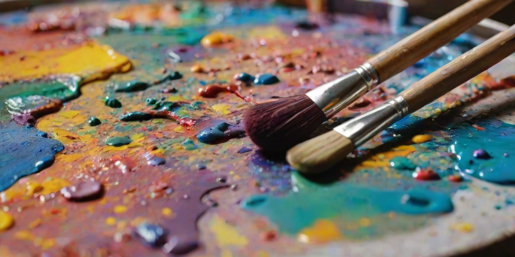 Close-up of an artist’s palette, splattered with vibrant paint colors, with brushes and a canvas in the background, capturing the essence of creativity in progress.