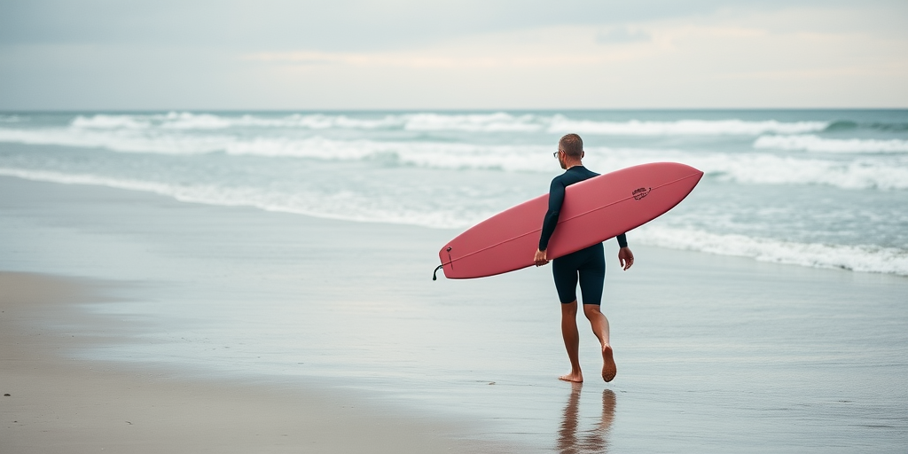 surfer walking along the beach towards the ocean holding a pink surfboard, overcast sky, Canon EOS R5, 50mm lens, aperture f/2.8, ISO 100, shutter speed 1/500s, soft focus background, natural light